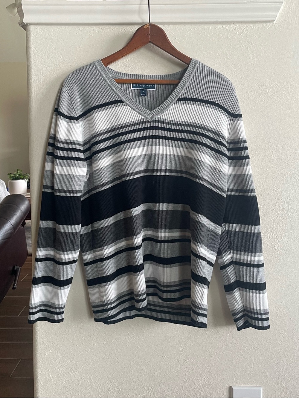 Karen Scott Women’s V-Neck Striped Sweater - Gray/Black/White